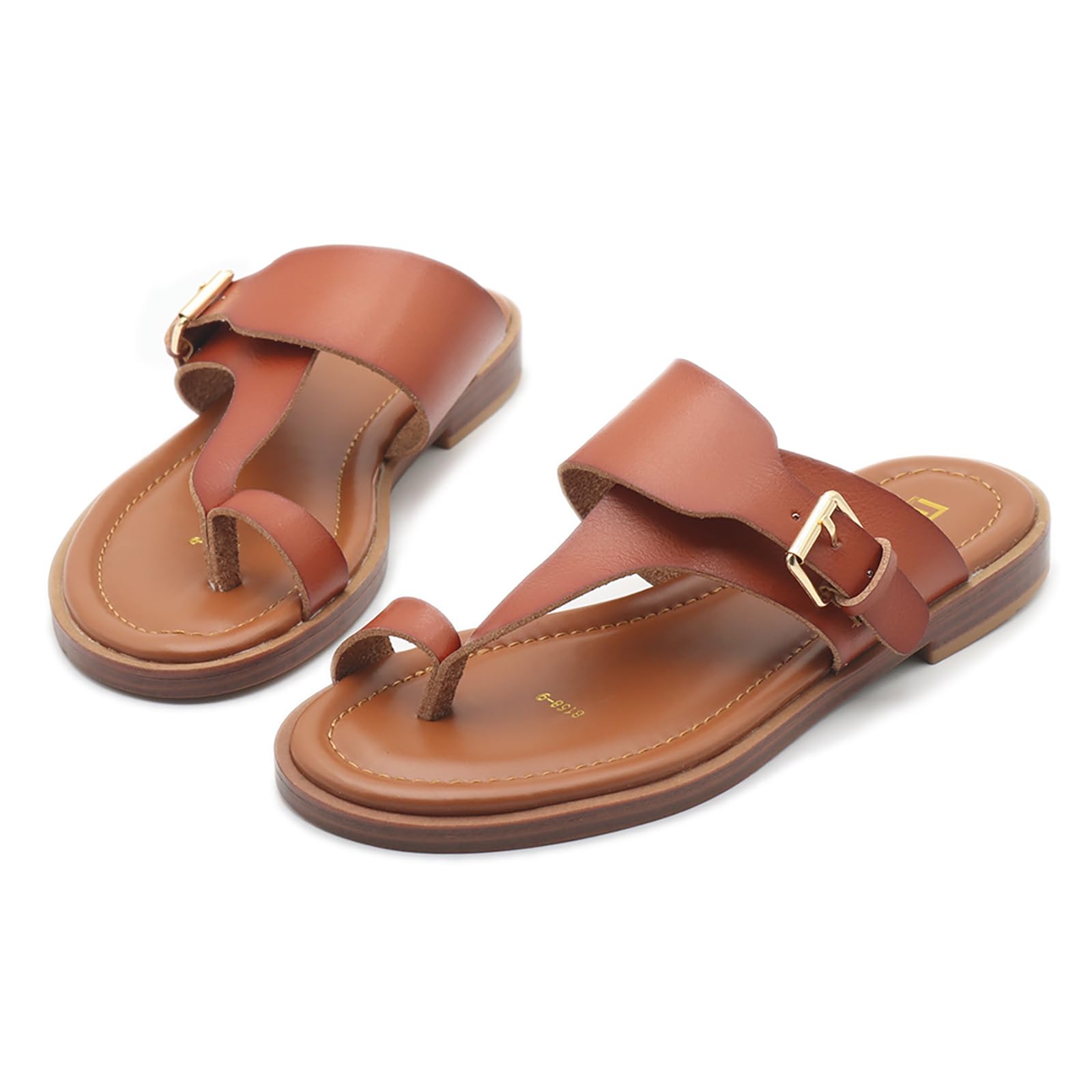 SIYAKE Women'S Leather Toe Ring Flat Slide Sandals With Adjustable Buckle Fashion Slip-On Round Open Toe Thong Sandals Casual Summer Outdoor Non-Slip