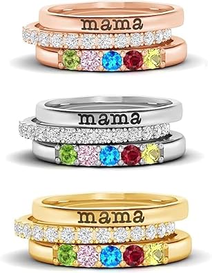 For Mother/Grandmother - S925 Custom Birthstones Stack Ring, 3PCS Personalized Family Rings Set, Engraved 2-8 Birthstones Gift for Mom Grandma Wife Daughter