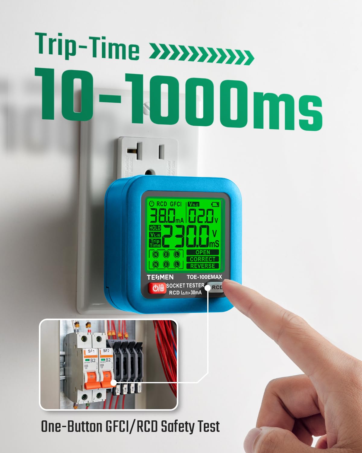 TESMEN TOE-100EMAX Electrical Socket Tester UK, Plug Outlet Tester with RCD Trip Time Test, Backlit LCD, Data Hold - Image 3