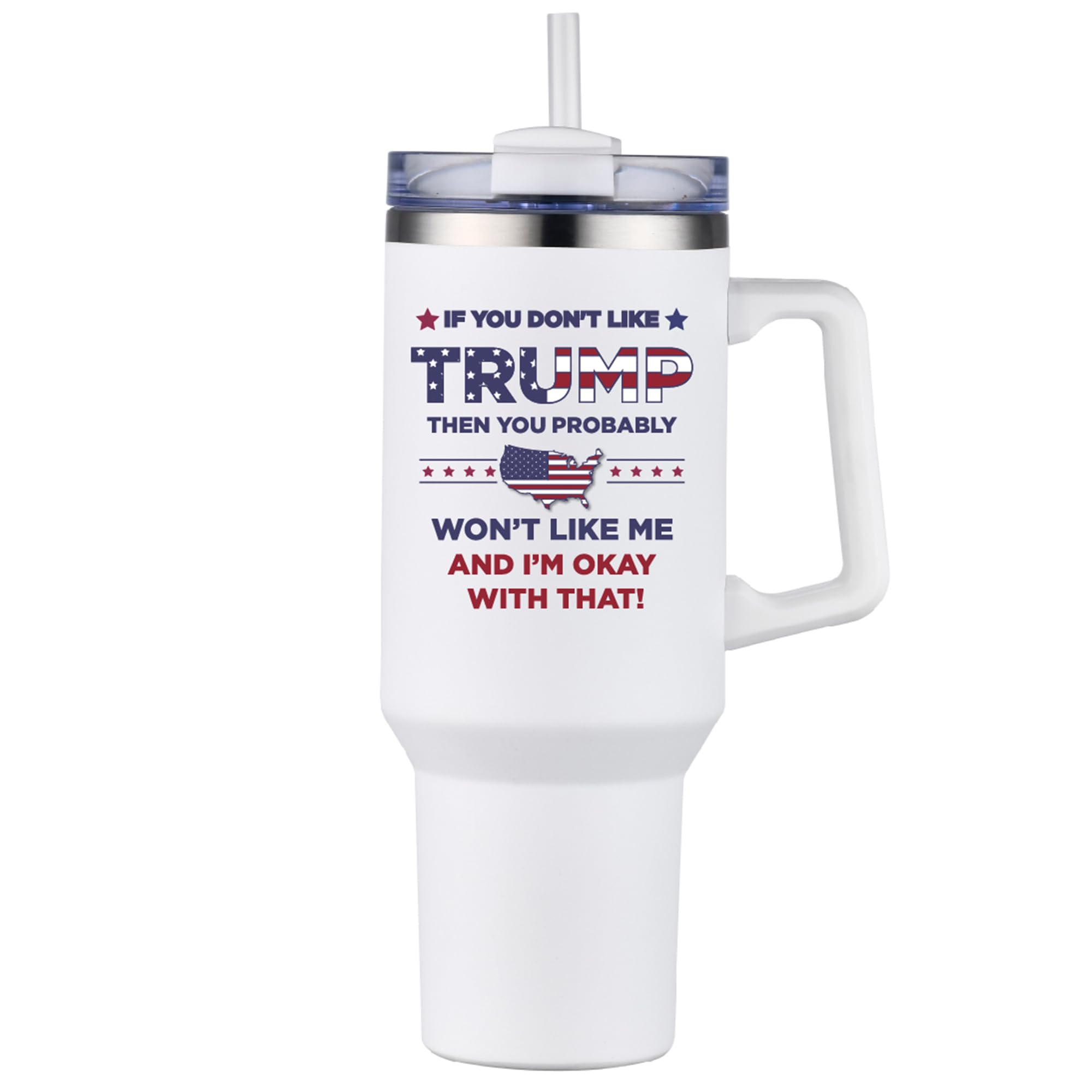40 oz Tumbler with Handle and Straw Insulated Tumblers, Travel Coffee Mug - Make America Great Again Trump 2024 Mug - Tumbler with Lid and Straw - Funny Gifts, Gag Gifts - Imprinted in USA (White)