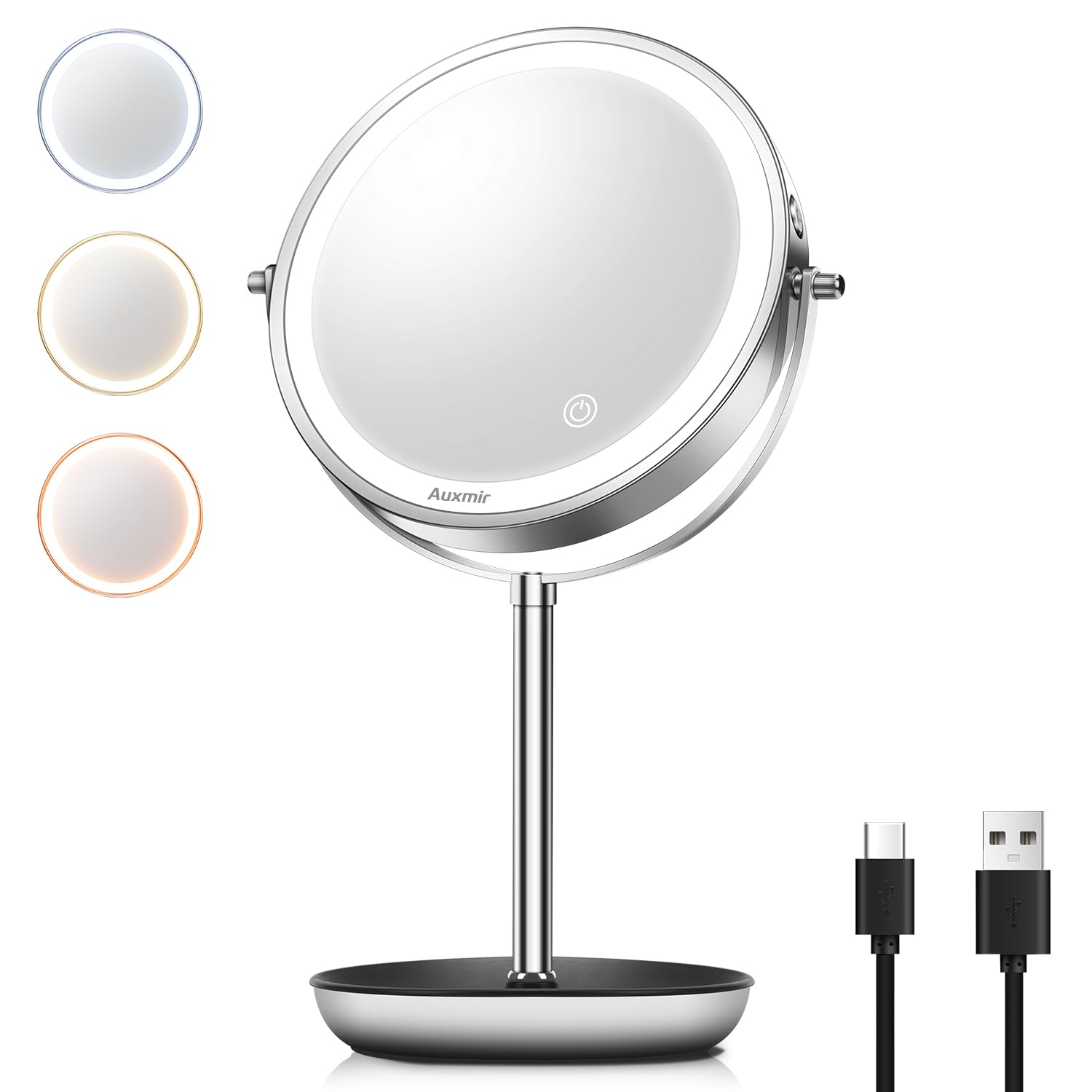 Auxmir Espejo Maquillaje con Luz, Aumento 1X / 10X, Espejo Sobremesa Recargable USB 1800mAh, Giratorio 360°, 3 Colores y Brillo Ajustable, para Baño Tocador Afeitar Depilar, Plata