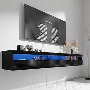 Floating TV Stand, Wall Mounted TV Shelf with Led Lights & Power Outlet, 71" Modern Entertainment Center Media Console with Storage, High Gloss TV Cabinet for 65/75/80 inch TV