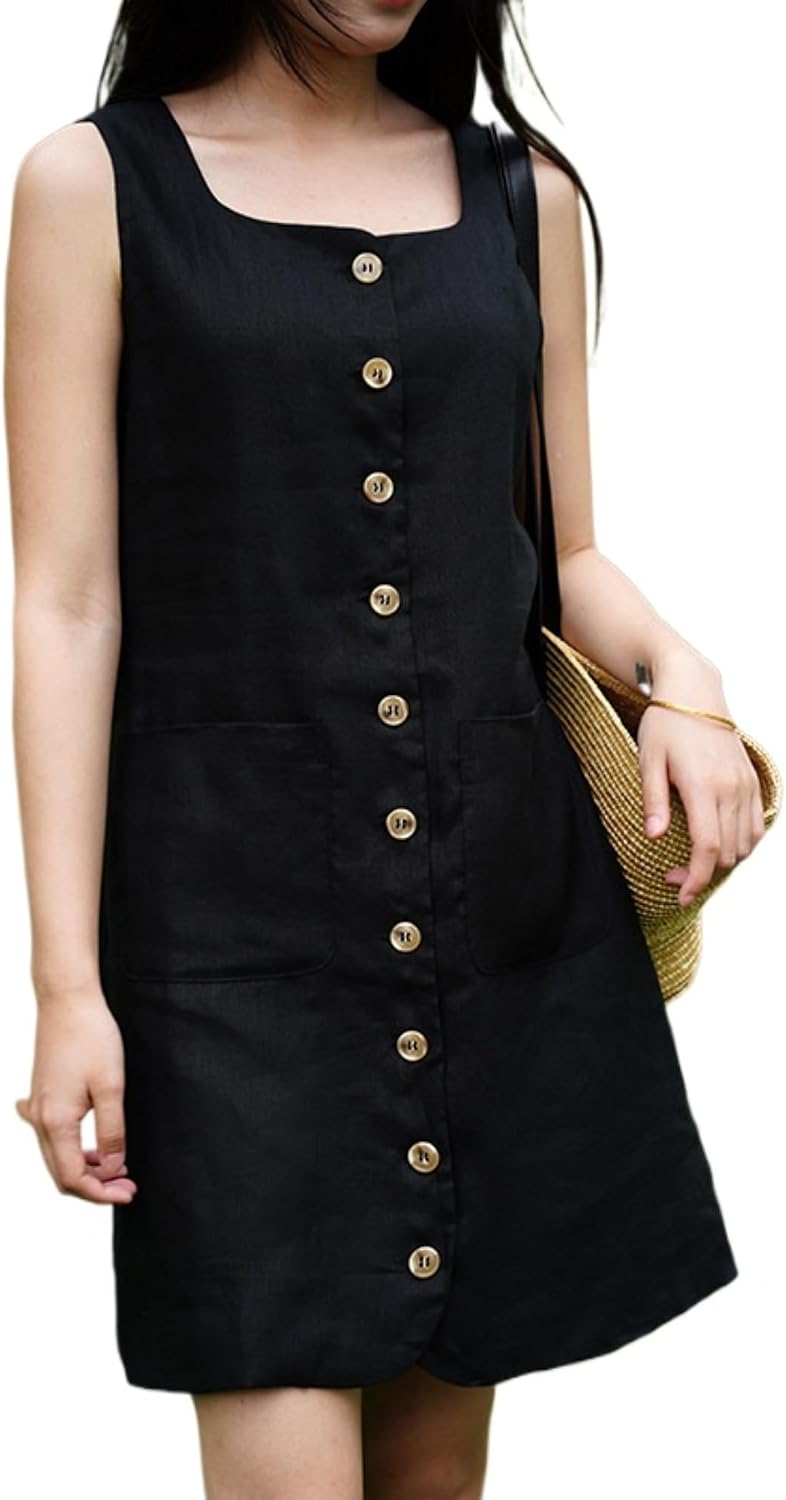 Women Summer Spaghetti Strap Button Down Sexy V Neck Sleeveless Mini Dress Casual Swing Tank Beach Dress with Pockets