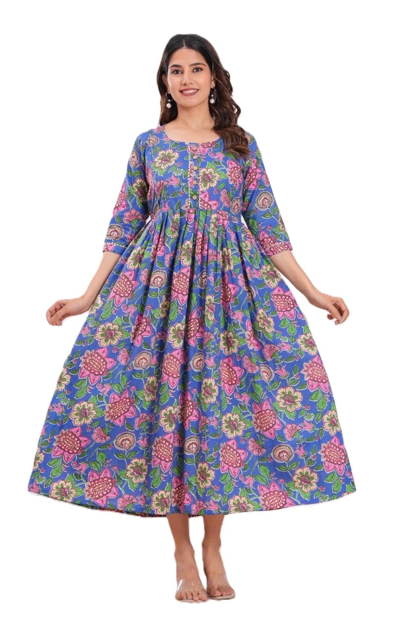 Women's gottam Maternity Maxi Dress in Cotton, Round Neck, Three Quarter Sleeve, Floral Safari Print, Ankle Length-image-13