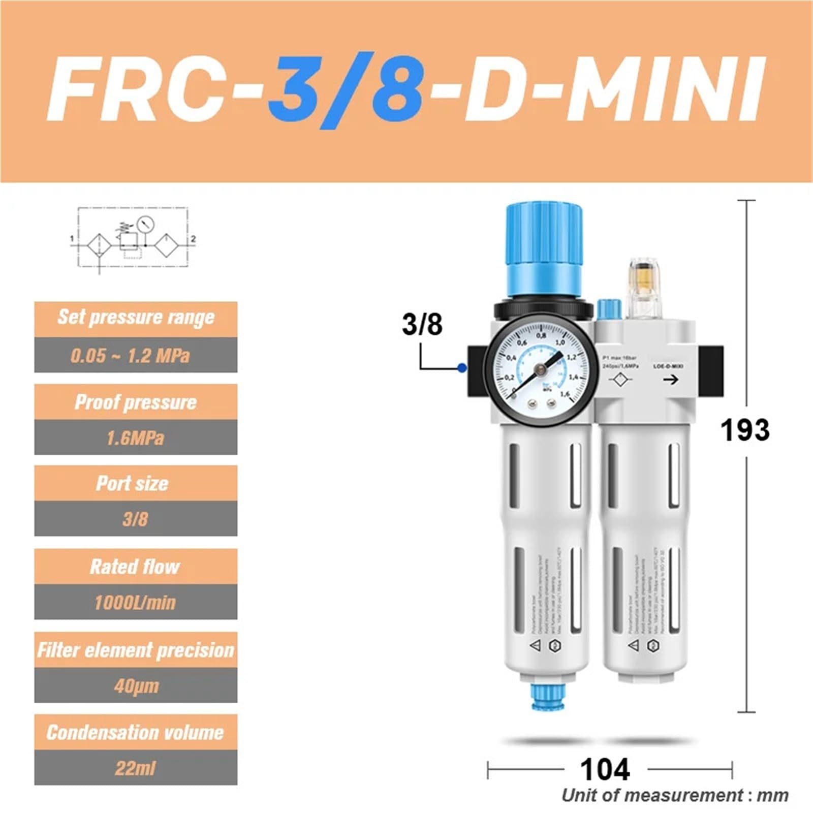 Compresor de aire separador de aceite y agua FRC/LFR/LF/LR-D-MINI/MIDI filtro reductor de presión neumático 1 Uds(FRC-3-8-D-MINI)