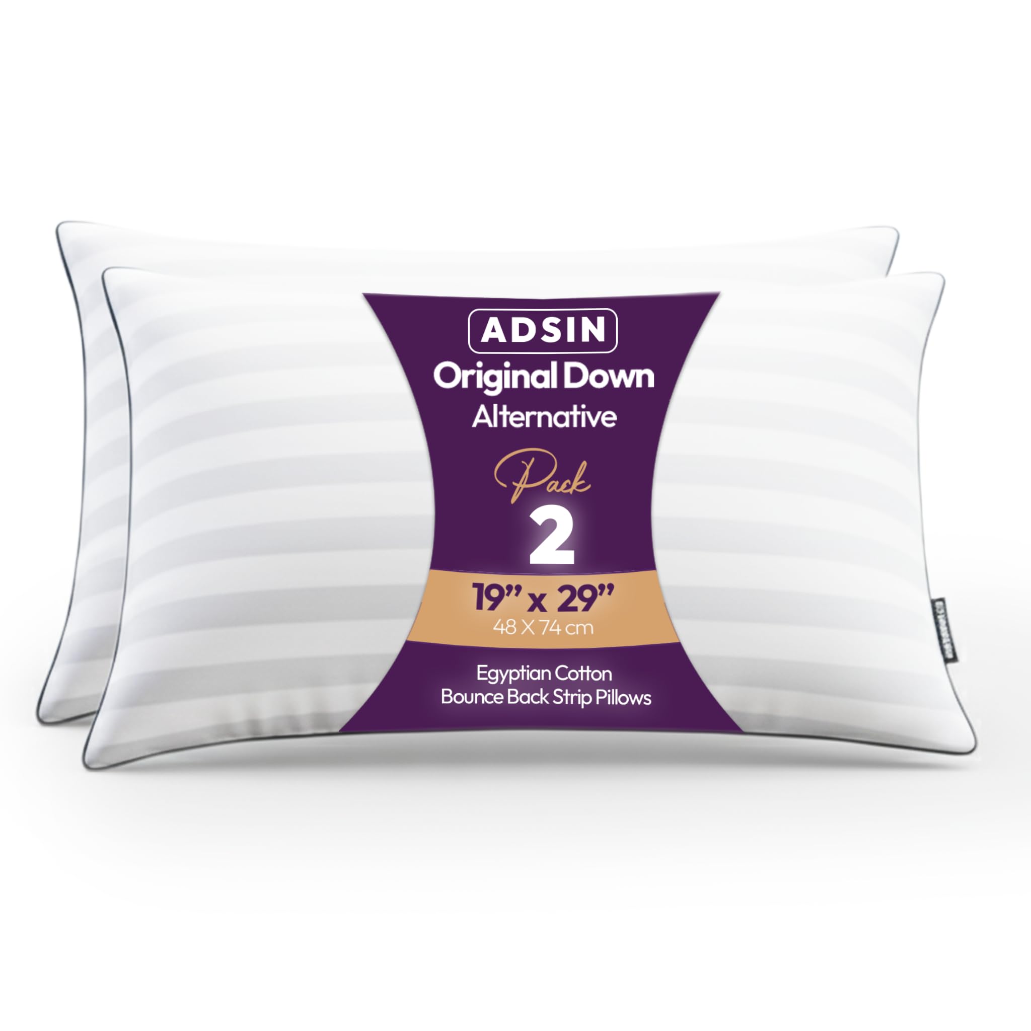 adsin Exrta Filled 2 Pack Egyptian Cotton Bounce Back Strip Pillows Hollow-fibre Dust Resisted Filled, Ultimate Luxury Sleep, Premium Hypoallgernic (Egyptian Cotton Stripe, Pack of 2)