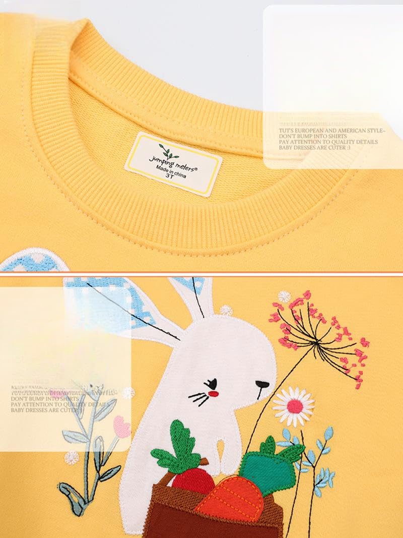 Baby Girls Rabbit Print Flower Embroidery Top Round Neck Long Sleeve Base Shirt Autumn Loose Pullover (Yellow,130/5-6Y,Unisex,Big Kid,US,Age,5 Years,6 Years)