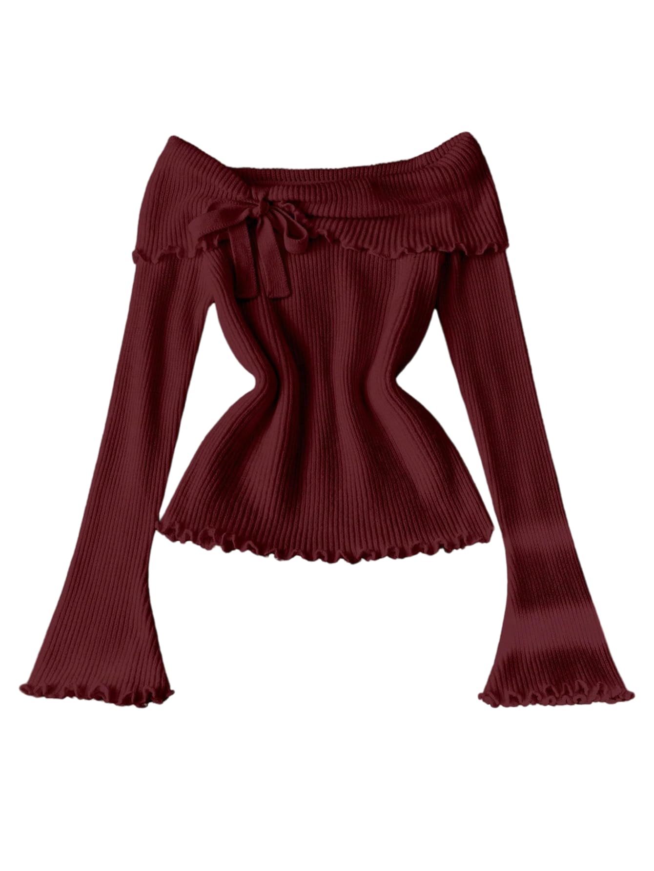 Verdusa Womens Bow Tie Off The Shoulder Sweater Streetwear Ribbed Knit Pullovers