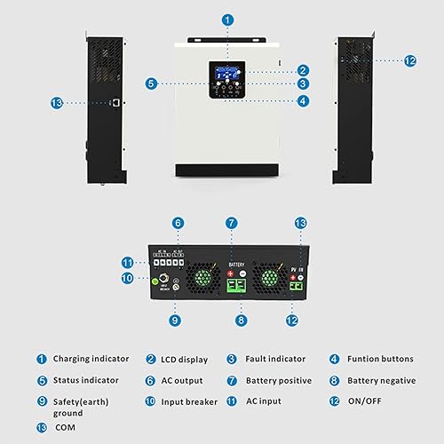 Miniatura 6 de NALMAXO Inversor híbrido solar 3KVA 2400W 24V con controlador de carga solar PWM incorporado 50A para almacenamiento de energía en el hogar