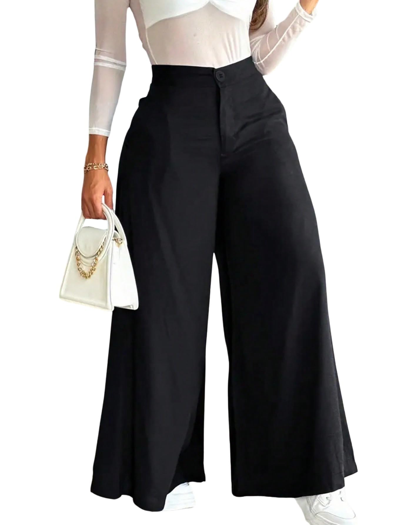 SweatyRocks Szerokie spodnie damskie, eleganckie spodnie Marlene, spodnie materiałowe z kieszeniami, spodnie do garnituru, spodnie biznesowe, szerokie nogawki, spodnie rekreacyjne