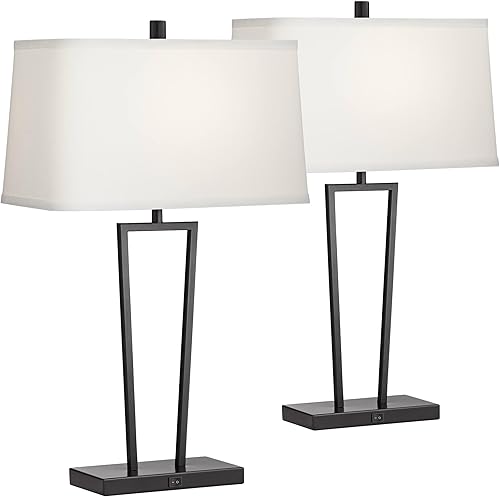 360 Lighting Cole - Juego de 2 lámparas de mesa minimalistas modernas de 27 pulgadas de alto con puertos de carga USB, pantalla rectangular de metal