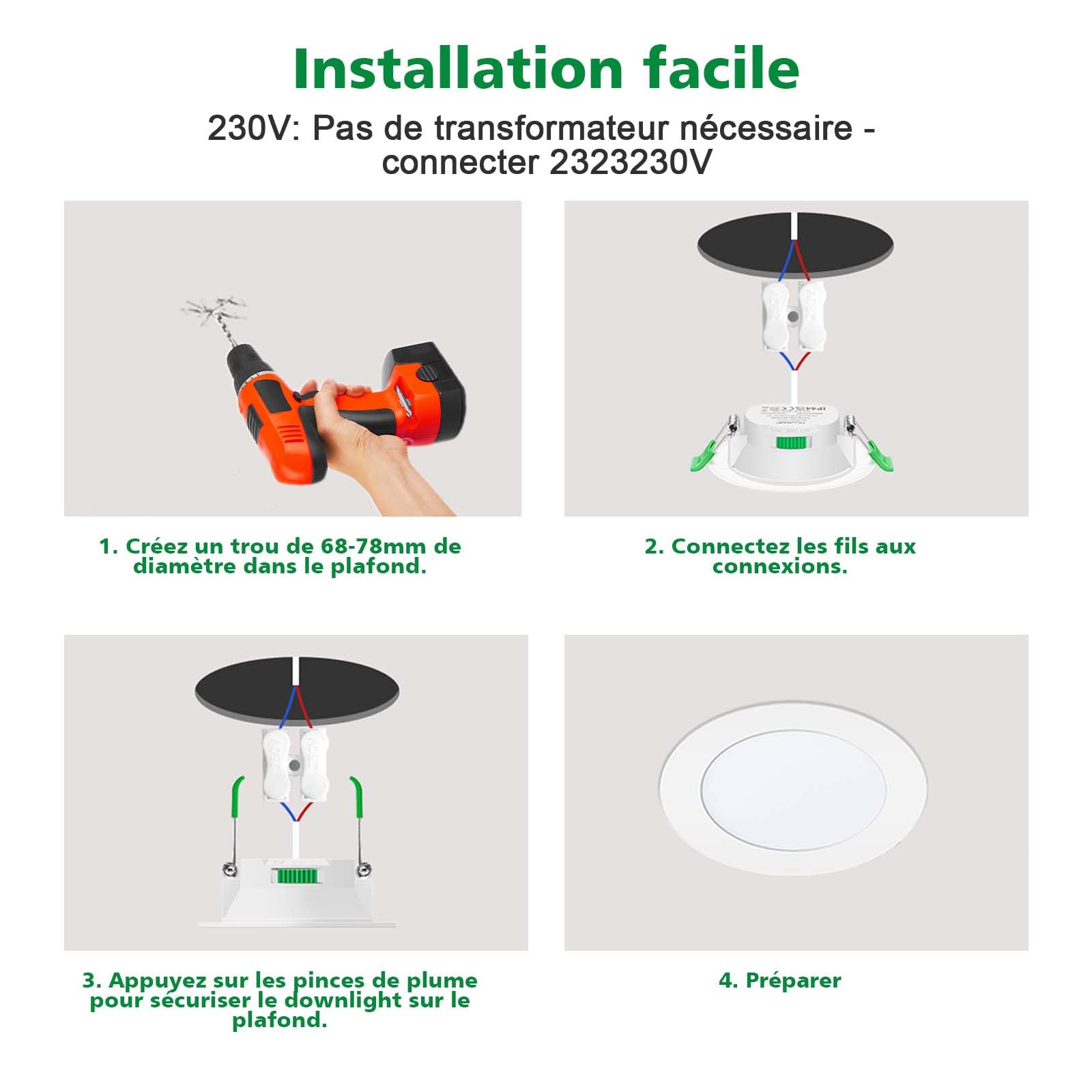 Spot LED Encastrable 230V, 7W Dimmable Spot Salle de Bain pour 68mm - 78mm Taille de Découpe, 3000K/4000K/6500K Réglable LED Plafond, IP44 Étanche pour Salle de bains, Salon, Set of 6
