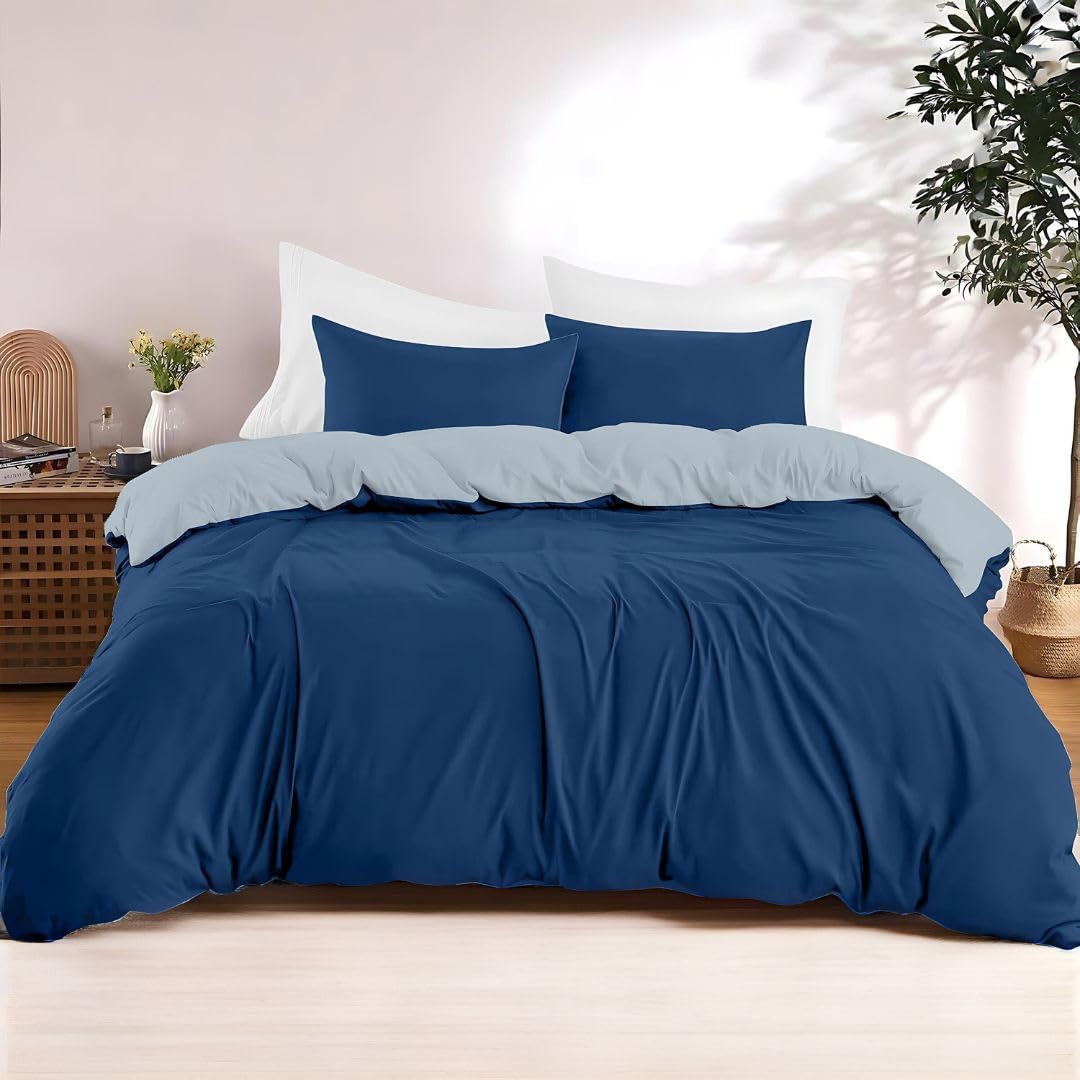 Dreamzie Copripiumino Matrimoniale 200x200 cm con 2 Federe 50x70 cm - Blu Scuro/Blu Grigio Set Copripiumino Matrimoniale 200x200