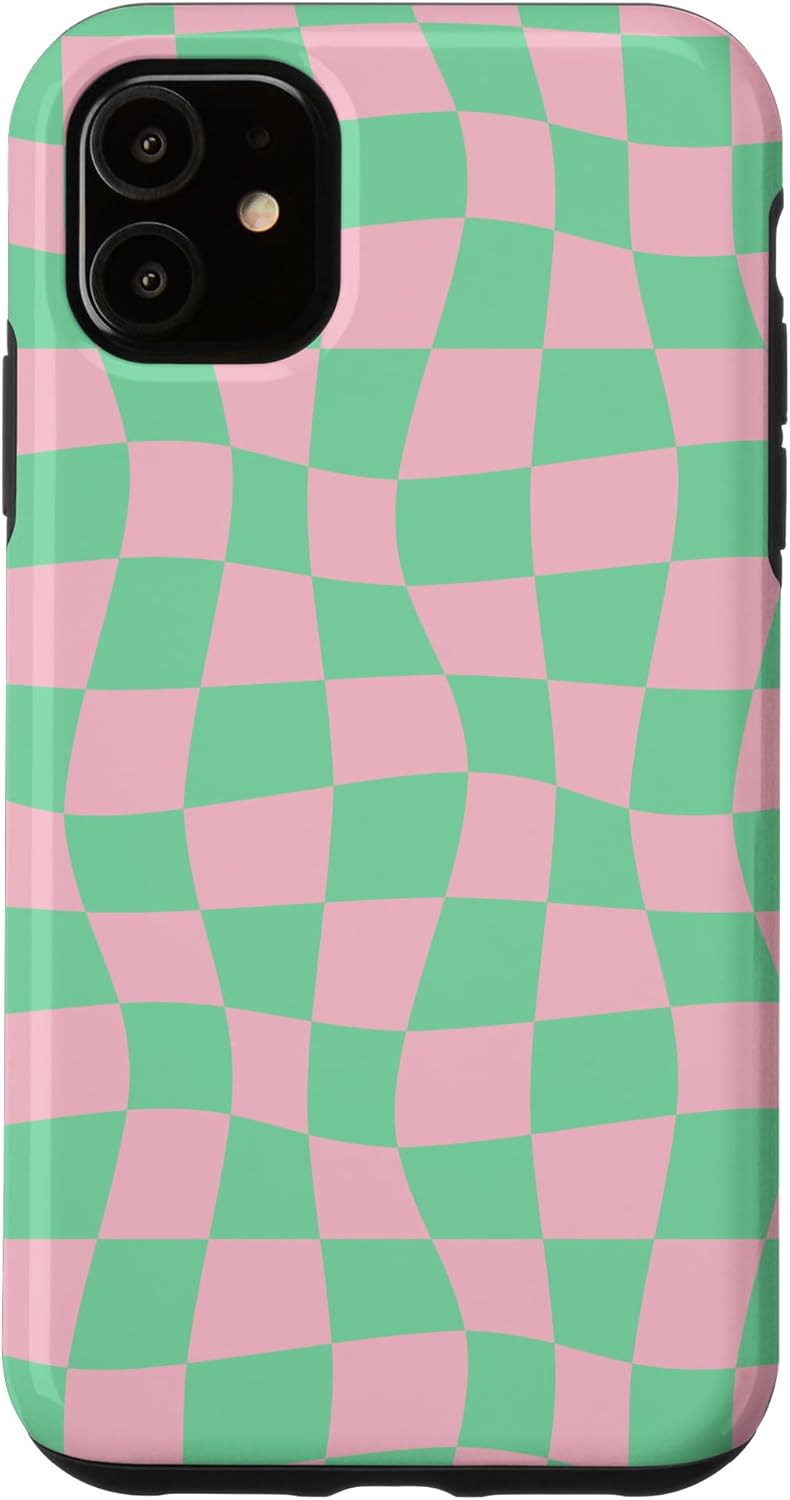 iPhone 13 Pink and Green Wavy Checkered Checker Checkerboard Aesthetic Case