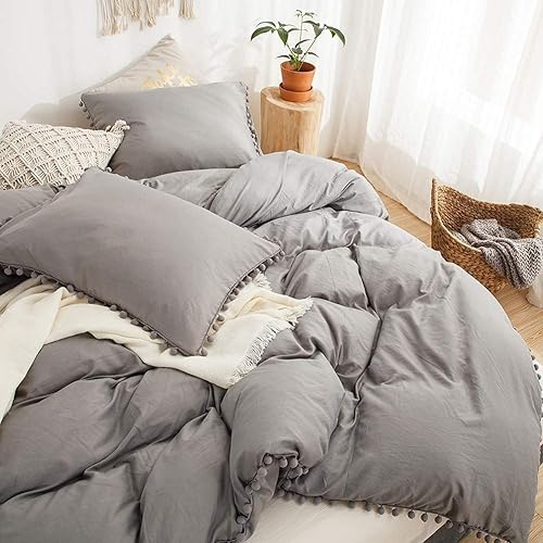 Miniatura 4 de Juego de 2 fundas de almohada grises con pompones, 100% microfibra lavada suave, fundas bohemias grises King, paquete de 2 (tamaño King, gris claro)