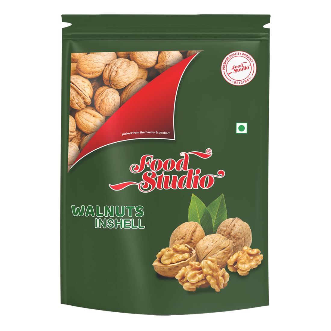FOOD STUDIO Premium Chilean Inshell Walnut Green Pouch Pack of 1 x 500gm value pack | Premium Akhrot Giri | High in Protein & Iron