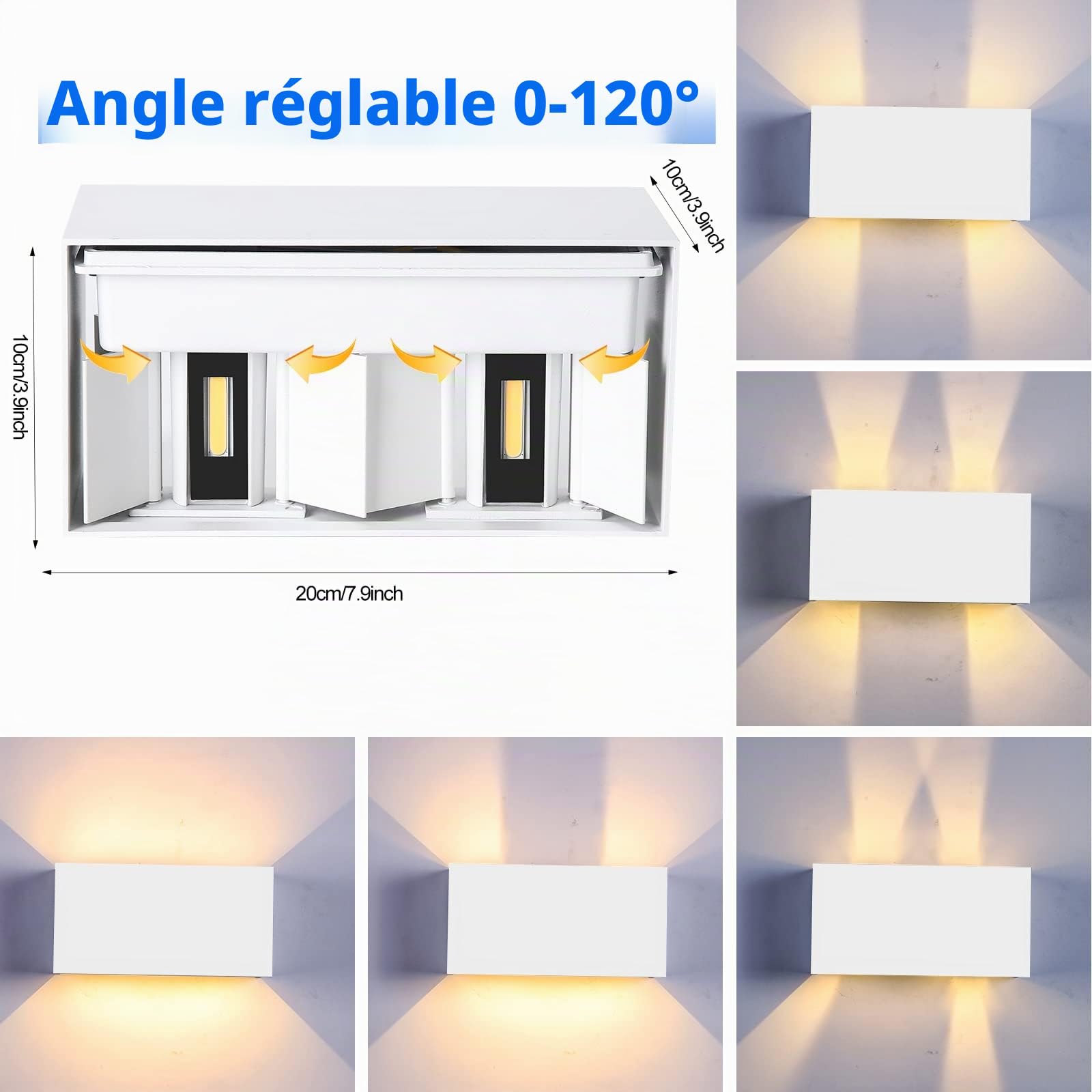 ZIKEY 24W Applique Murale Interieur/Exterieur, Étanche IP65 Lampe Murale avec Angle de Faisceau Réglable, 3000K Blanc Chaud LED pour Salle de bain, Chambre à coucher, Couloir, Porche (Blanc)