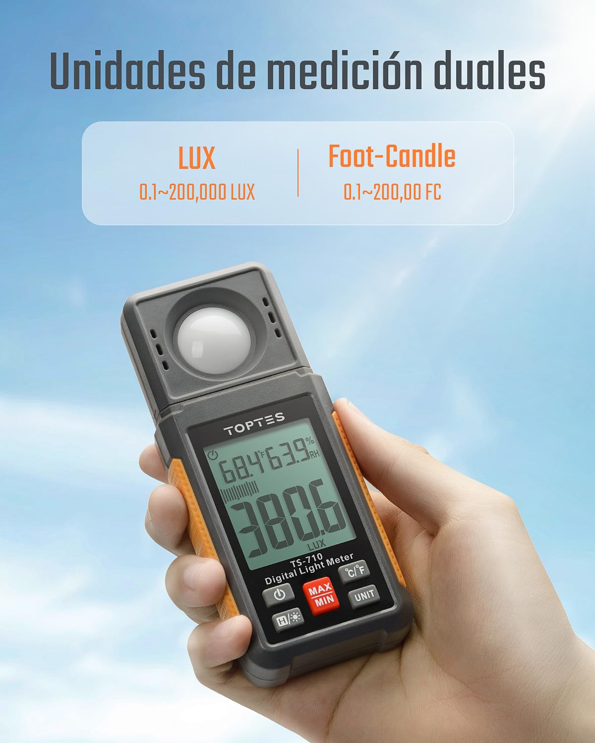 TopTes TS-710 Luxómetro, Medidor de Lux/Pies Candelas con Sensor Giratorio de 180º, Rango de 200,000 Lux, Medidor de Luz para Plantas, LED en Hogar y Escuelas, Oficinas - Incluye Batería