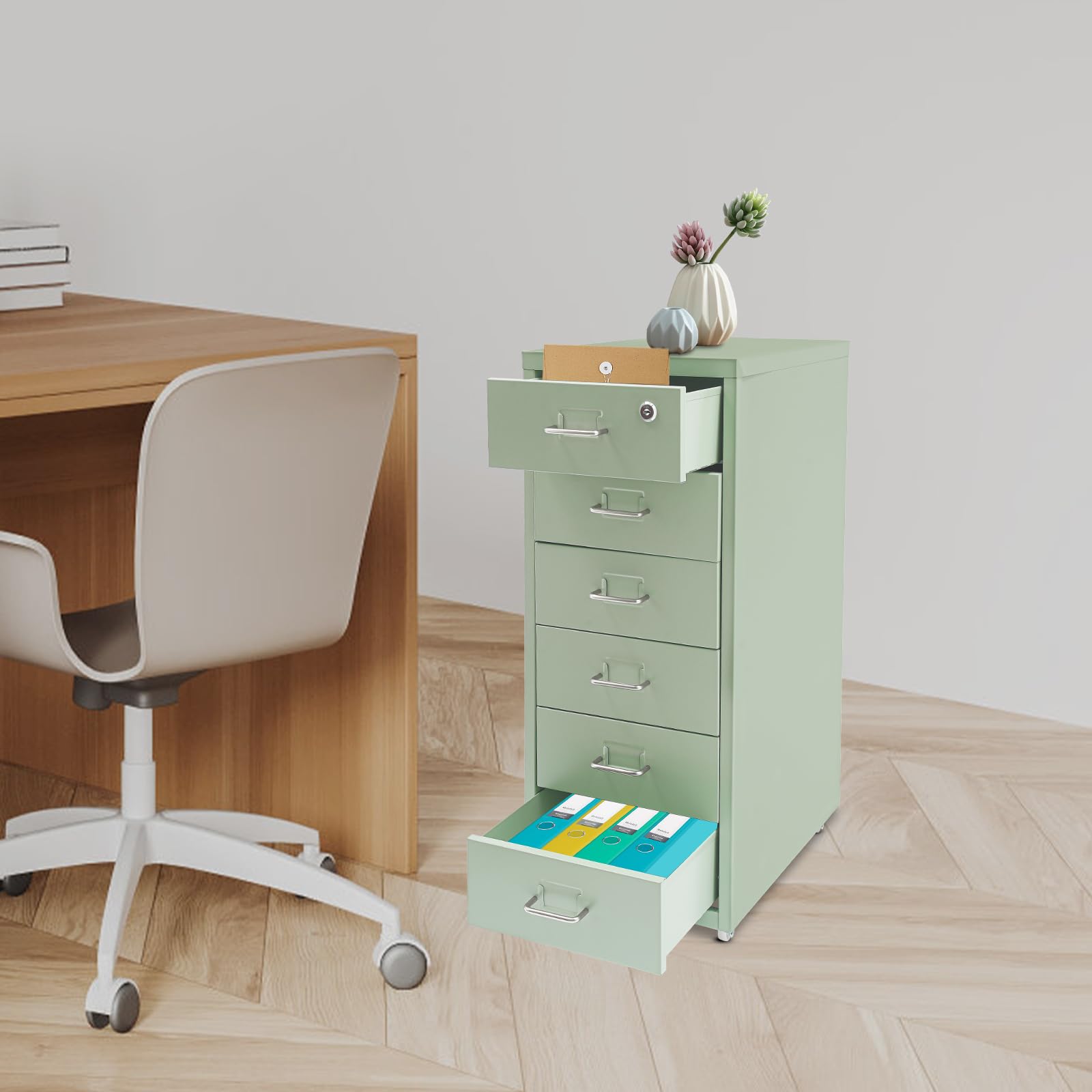 Meuble de rangement mobile à 6 tiroirs, en métal, avec roulettes, pour la maison et le bureau, 28 x 41 x 69 cm, beige (vert)