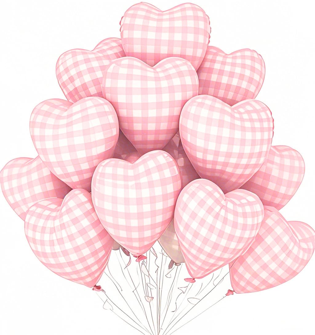 Photo 1 of 10 Pcs Pink Checked Heart Balloons, 18 Inch Baby Pink And White Plaid Heart Shaped Balloon For Romantic Wedding Propose Valentine Engagement Bridal Shower Love Graduation Party Decorations
