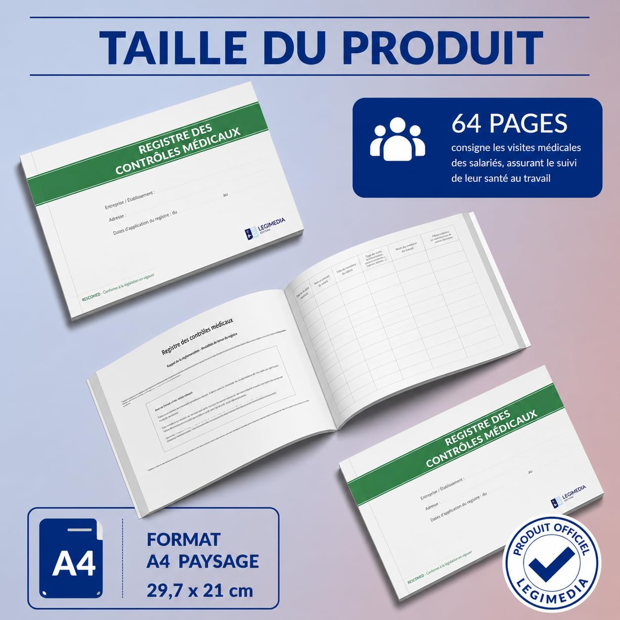 Registre des Contrôles Médicaux - Conforme à la legislation - Format A4-64 pages - LEGIMEDIA ÉDITIONS