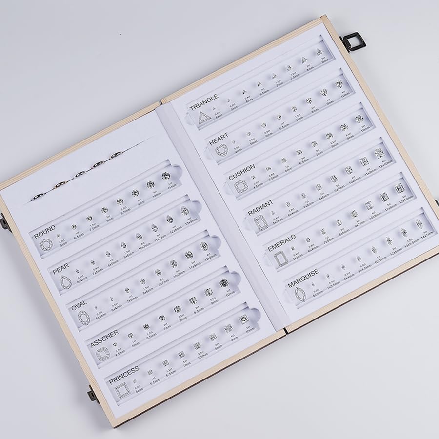 5A Cubic Zirconia Diamond Cut Mix 8 Different Size,Weight Suitable for Diamond Reference Comparison CZ Card,11 Classic Cutting Forms with Box Ring Measuring Ruler