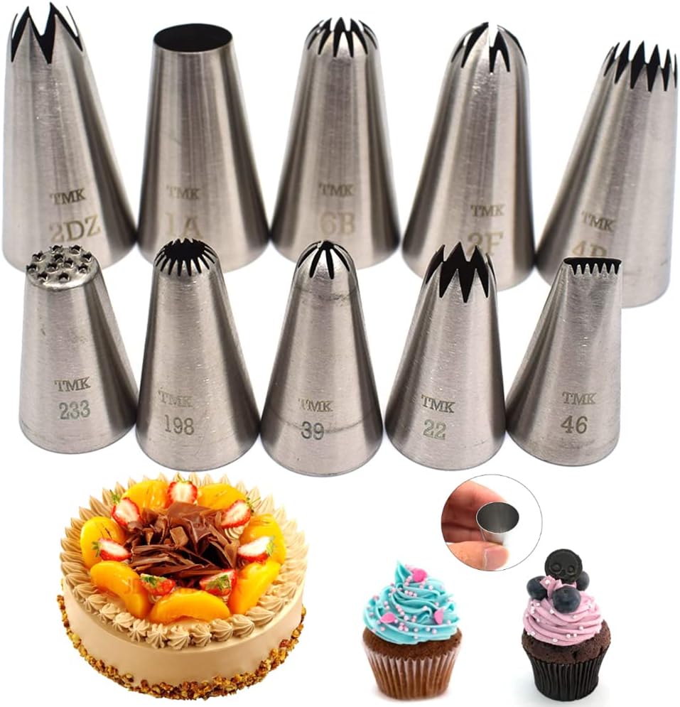10 Pack Stainless Steel seamless Piping Icing tips, Large Piping Nozzle, Cake Decorating tools for baker