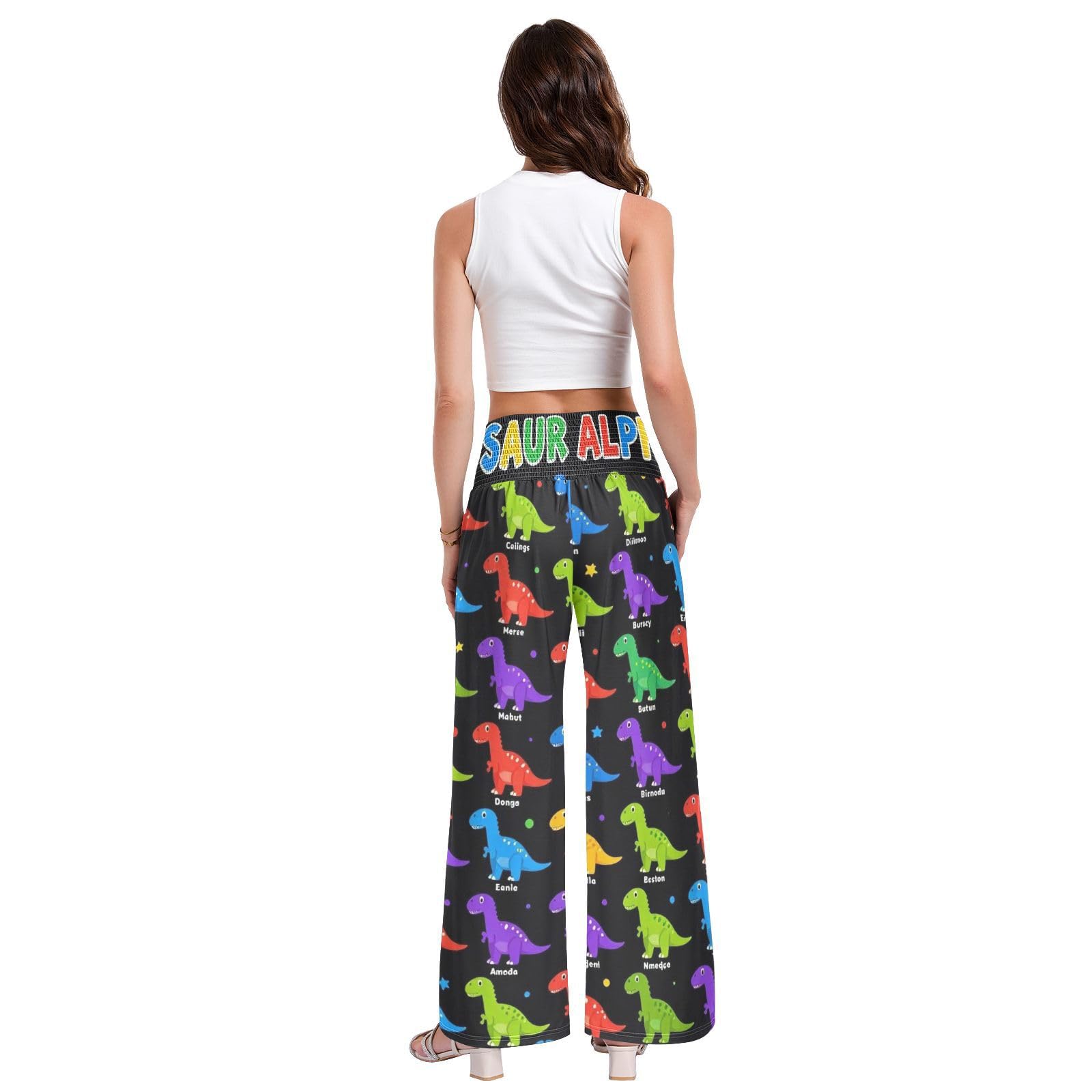Alphabet Dino - Pantalones de pierna ancha para mujer, ligeros, elásticos, informales, ropa de descanso