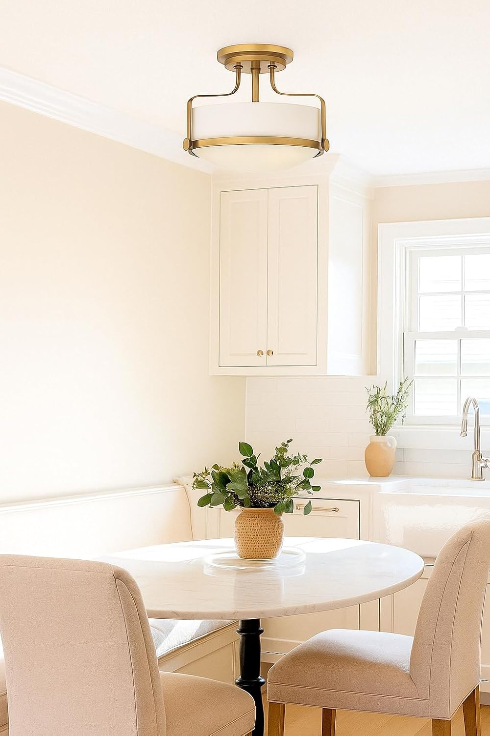 Hinkley Harper Medium Semi-Flush Mount Ceiling Light for Kitchen, Bedroom, Bathroom, and Hallway, Sleek, Retro Style Heritage Brass and Etched Opal Glass