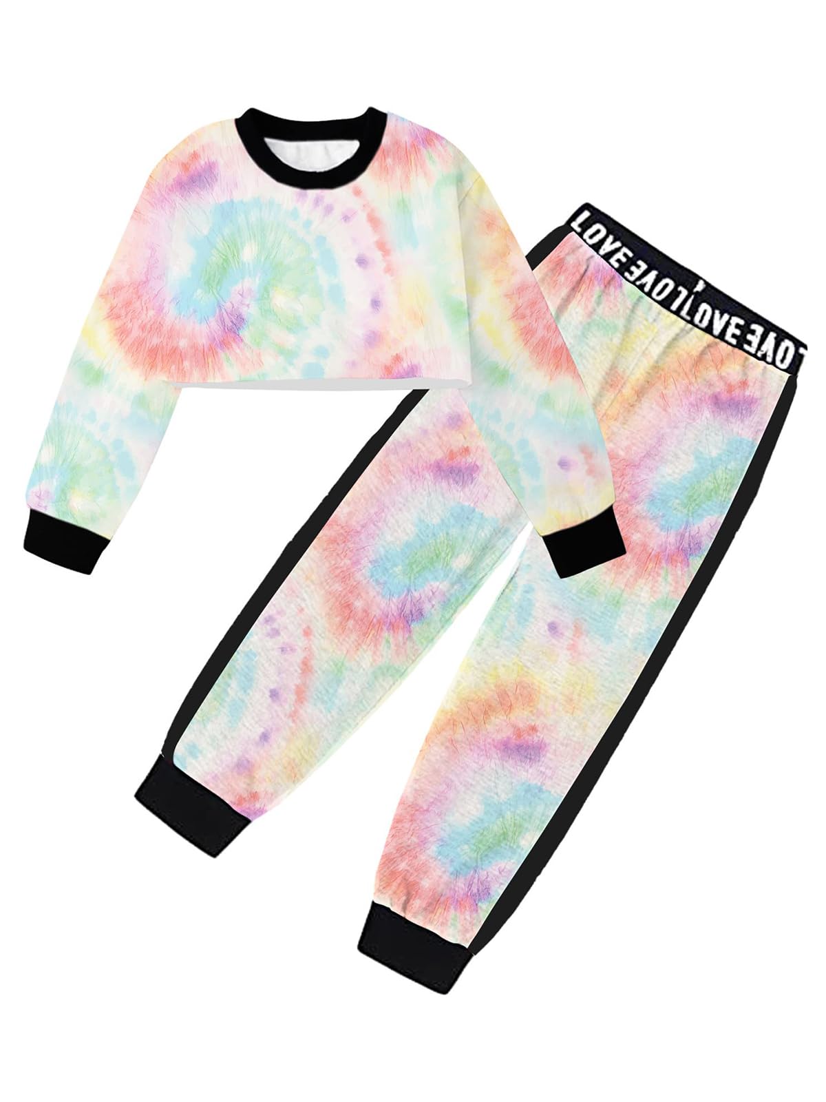 Betusline Girls 2 Piece Outfits, Tie-Dye Pullover Crop Sweatshirt Tops + Sweat Jogging Pants 2 Pieces Clothes Set，Light Thread，9-10 Years = Tag 150