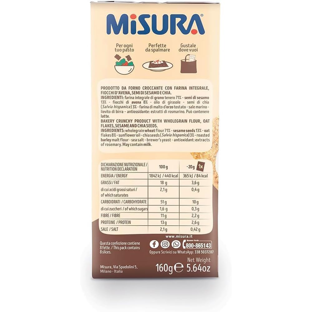 Misura Fibrextra Croccanti Extra, Farina Integrale con Semi di Sesamo, Fiocchi d'Avena e Chia, 160g, Confezione da 8