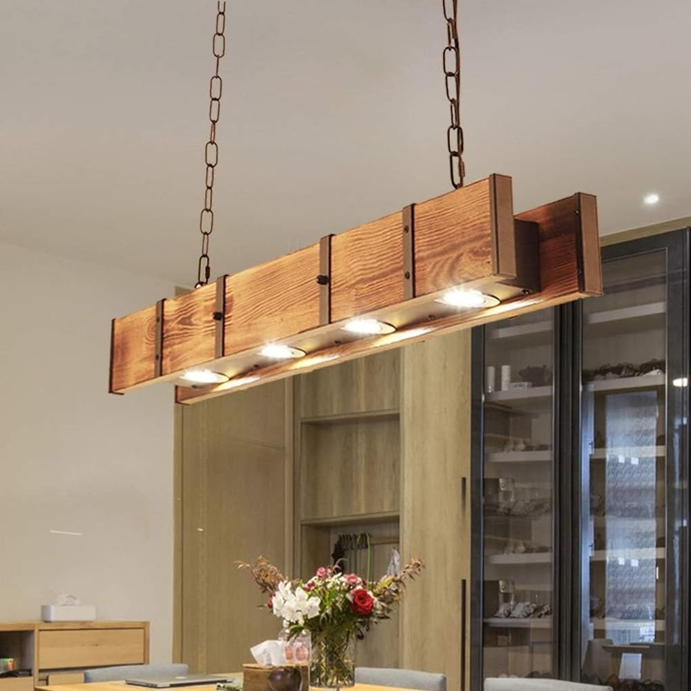 Holz Rustikal Hängeleuchte LED Pendelleuchte Retro Esstisch Hängelampe Retro Höhenverstellbar Pendellampe Industrielle Vintage Kronleuchter Büro Cafe Bar Kreative Küche Deckenleuchte Beleuchtung