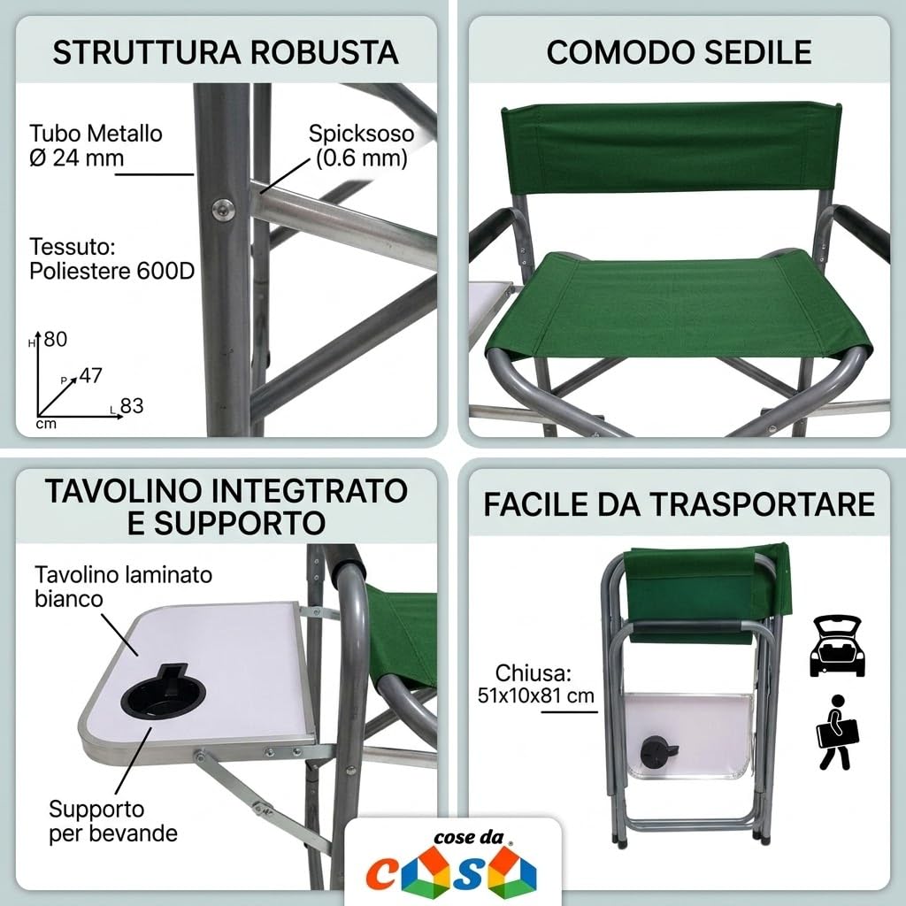 Sedia da Regista Pieghevole con Tavolino Laterale e Porta Bicchiere per Campeggio Giardino Pesca e Outdoor in Metallo e Tessuto Poliestere 600D cm 83x47x80 poltrona Comfort (verde)