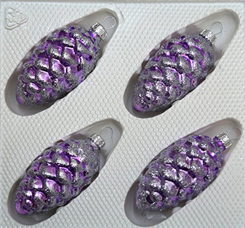 4 TLG. Glas-Tannenzapfen Set in Hochglanz-Lila-Silberne-Ornamente - Neuheit - Christbaumkugeln - Weihnachtsschmuck-Christbaumschmuck