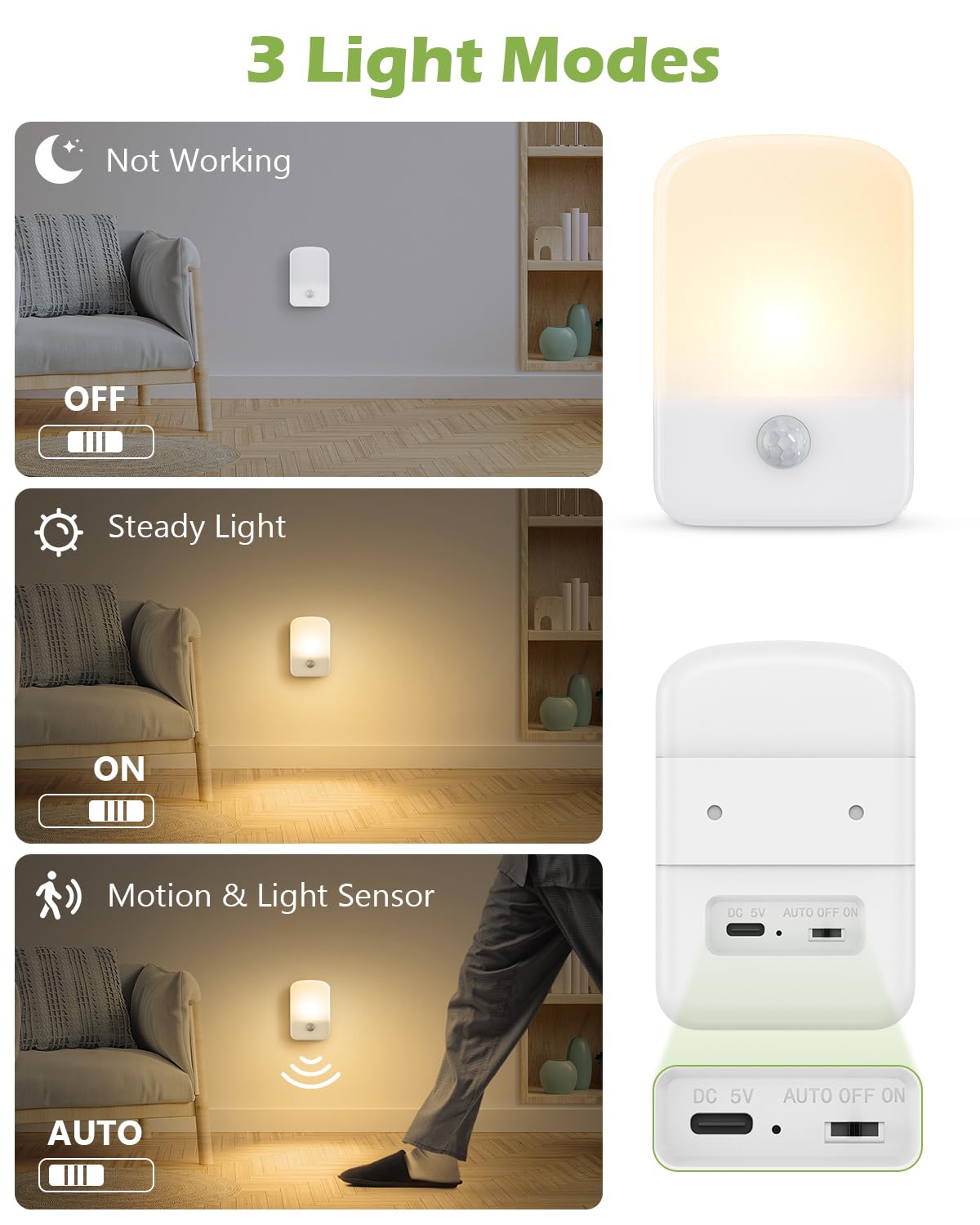 KeeKit Luz nocturna recargable, luz nocturna con sensor de movimiento con encendido/apagado automático, luces LED adhesivas de 30 lúmenes para escaleras, para baño, dormitorio, cocina, baño, armario