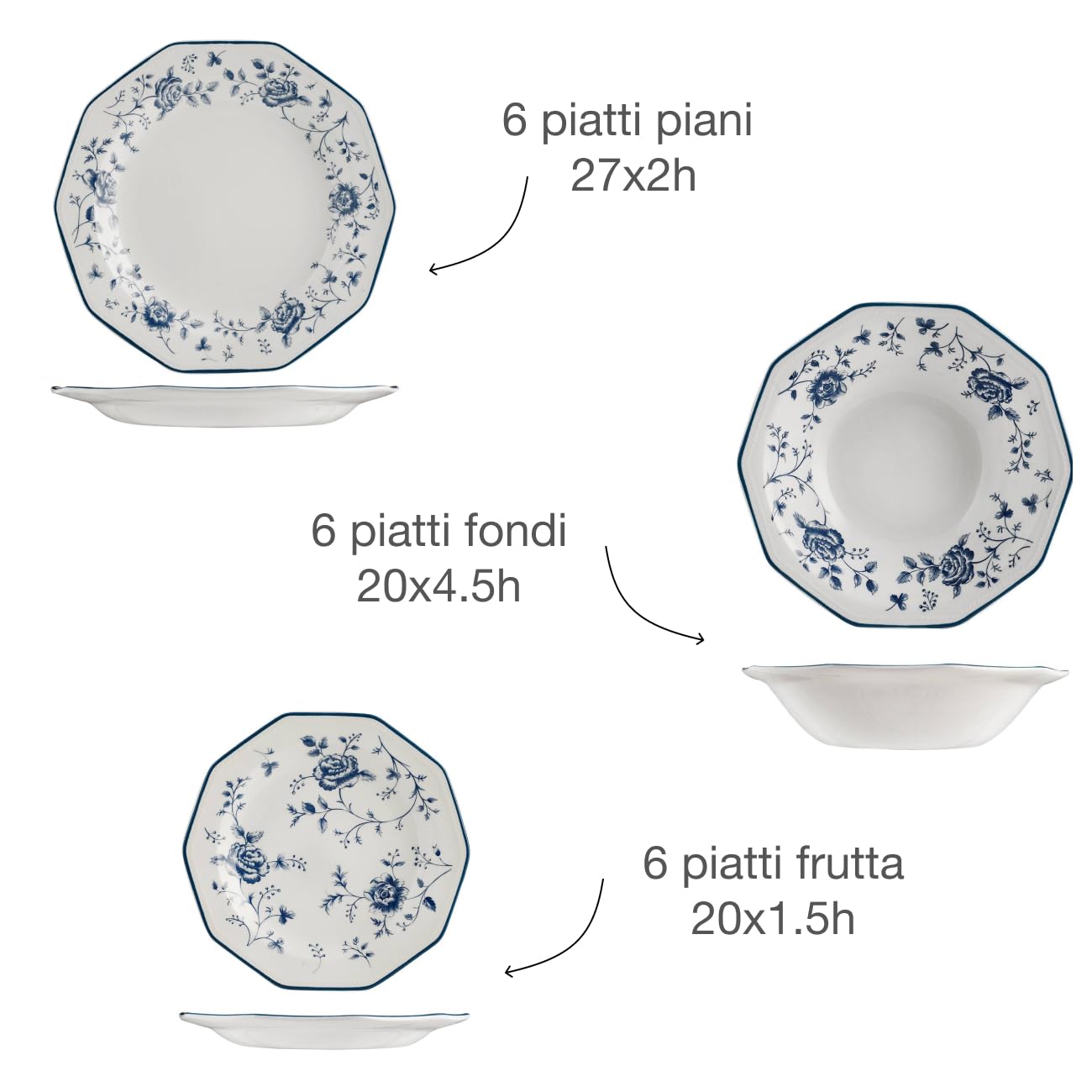 James Sadler&Sons Servizio da Tavola Rose, 18 Pezzi in Earthenware, Bianco/Blu, Lavabile in Lavastoviglie, Stile Inglese