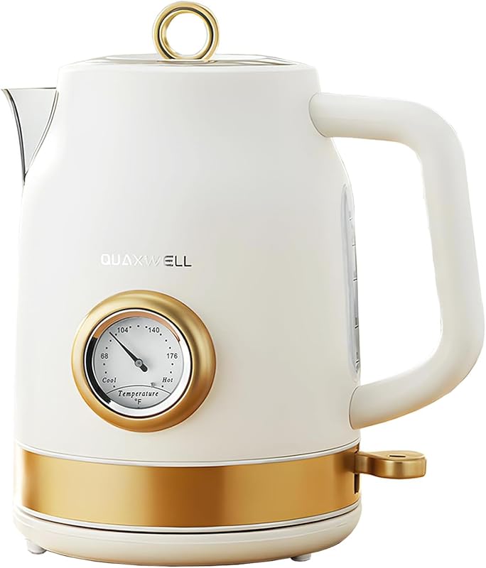 Tetera eléctrica retro, 1,7 L, blanco mate y dorado | Acero inoxidable 304, ebullición rápida de 1500 W, apagado automático, protección contra ebullición en seco, sin BPA, termómetro, electrodomésticos de cocina retro