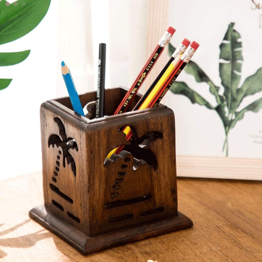 Pot à Stylos Bois Massif Rétro Porte-stylo Sculpture sur Artisanat Stylo Tasse Bureau Stockage Décoration Crayon Cosmétique Boîte de Rangement Organisateur de Bureau