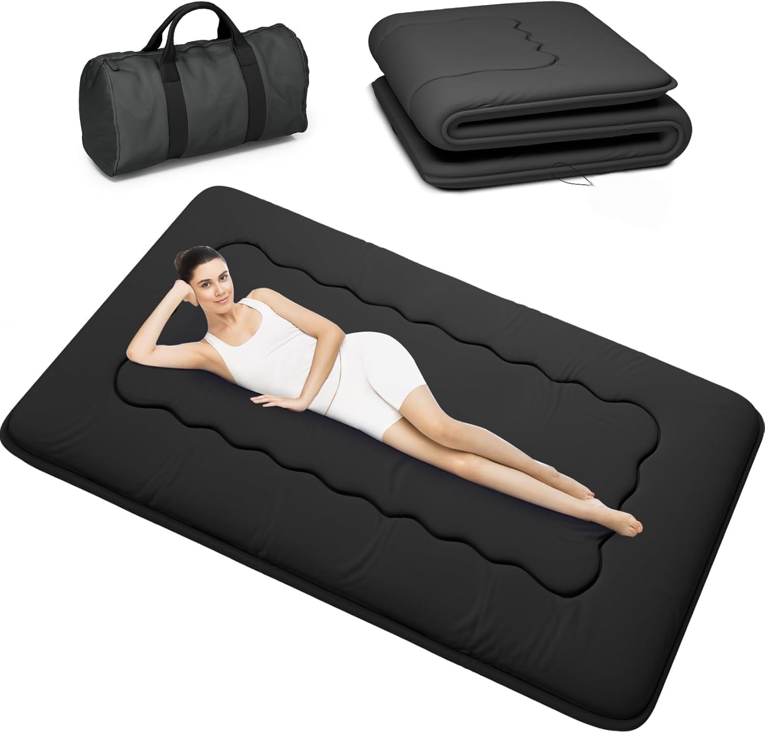 Kiseely Japanische Futon-Matratze, Faltbare Tatami-Matte, tragbare Schlafunterlage mit Tasche und Gurt, Bodenmatratze, verdickte Schlafmatratze, Camping-Matratze (Schwarz YU1, 90X200cm)