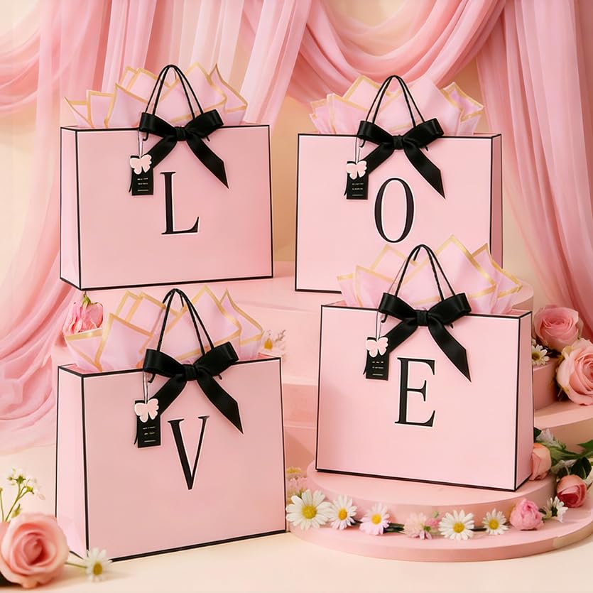 ZUKEPU Birthday Gift Bag, Personalized Initial Pink Gift Bags for Women & Girls, Medium Valentines Gift Paper Bags with Card and Tissue Paper, Stands up perfectly for Weddings, Party & All Holidays (Pink, A-Medium)