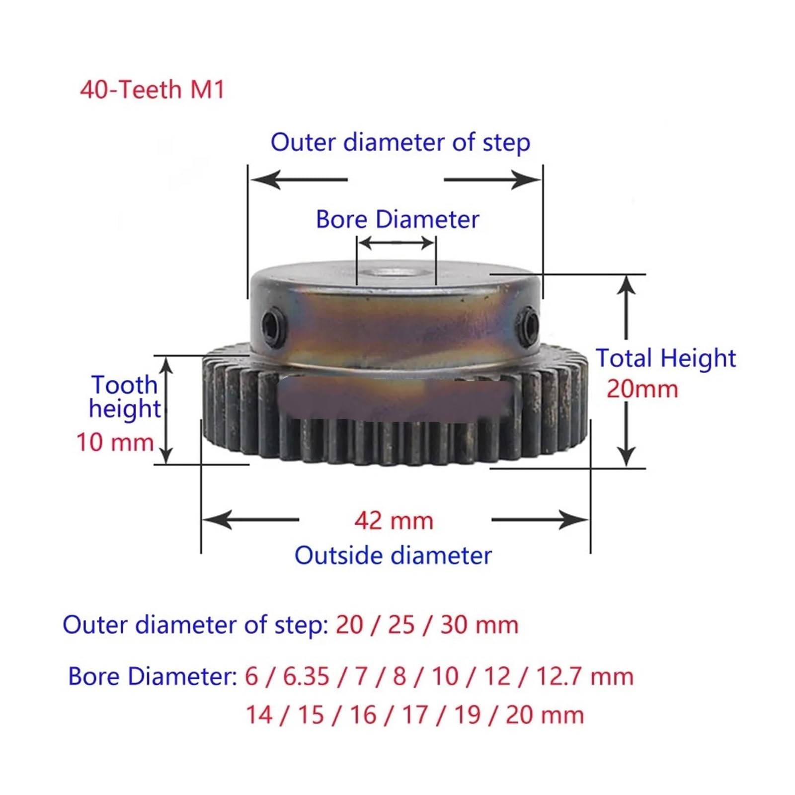 Bevel Gear Pinion Hardware Mechanical 2pcs Boss-30mm Spur Gear Rack Pinion 40-Teeth M1 Bore Dia 6/6.35/7/8/10/12/12.7/14/15/16/17/19/20mm Straight Teeth Positive(7mm)