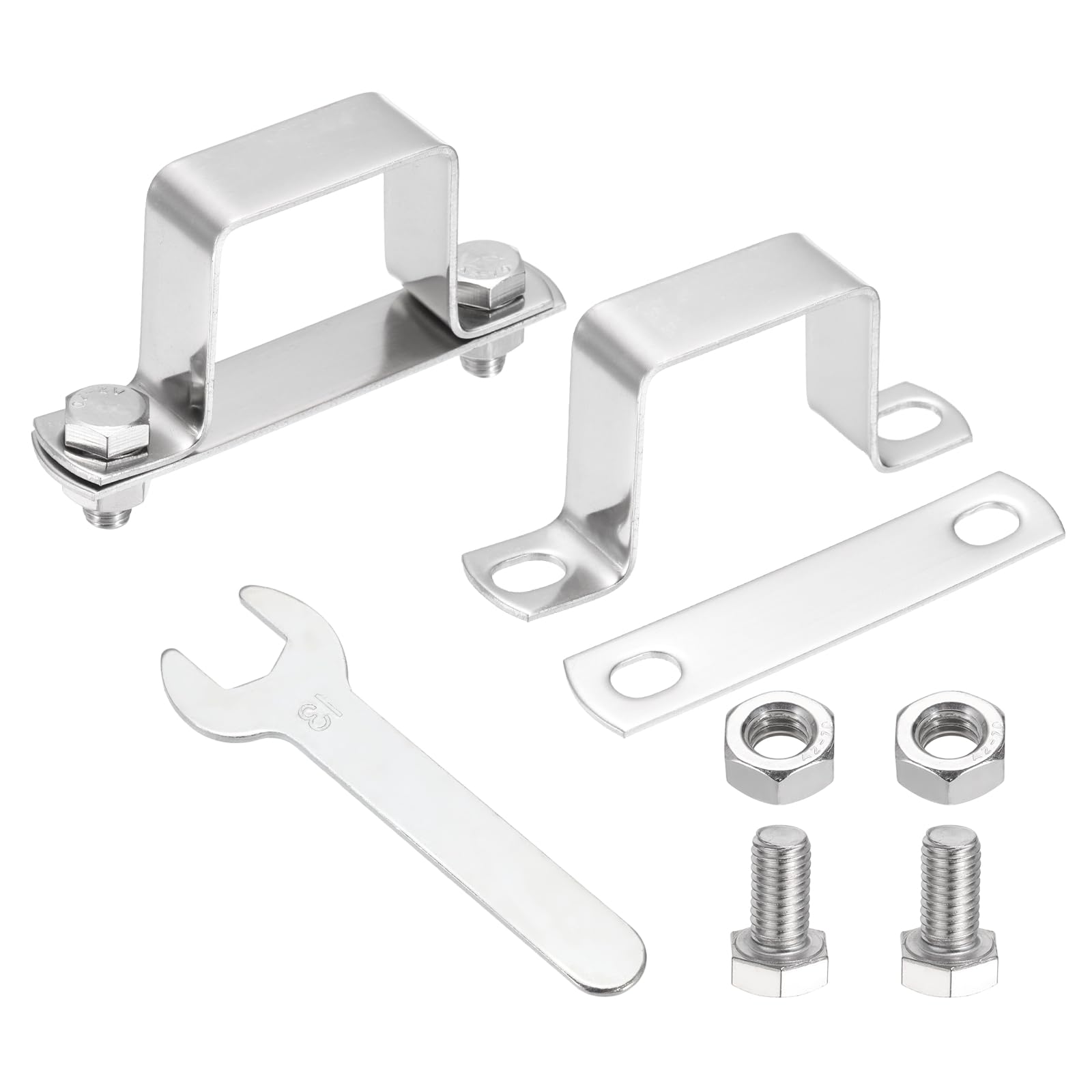 sourcing map 2Pcs U Shape Square Tube Clamp, 40x40mm U Shaped Bracket 304 Stainless Steel Square Strap Clamp with Bolt Plate Nuts and Wrench for Pipes Door Closed Bar Holder Railings