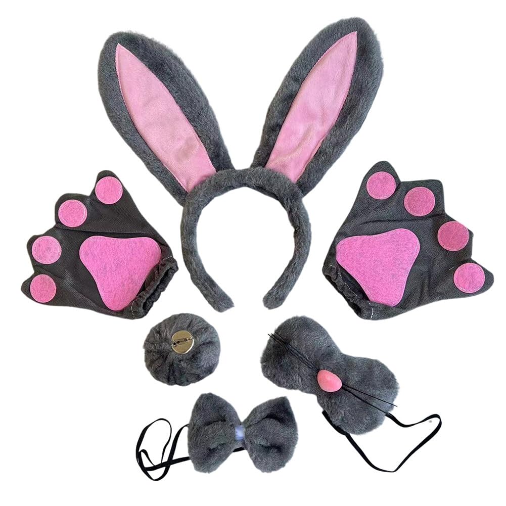 Asudaro Plush Bunny Ears Headband for Kids Bunny Ears Headband, Bunny Nose Tail, Bow Tie, Gloves and Yarn Skirt, Easter Bunny Costume Dress Up Accessories Set