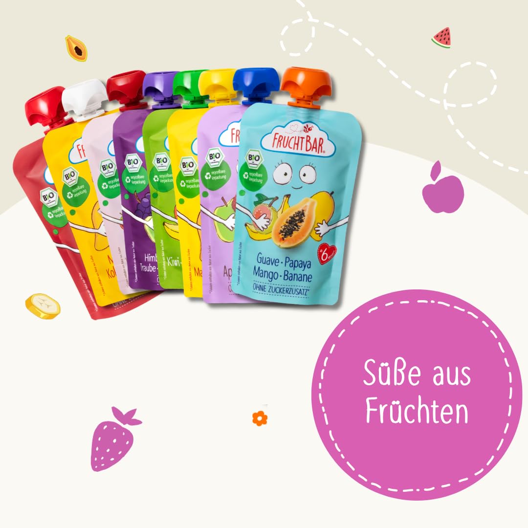 FruchtBar Bio Quetschie Sommer Set - 64x 100g Fruchtpüree im Quetschbeutel für Babys & Kinder ab 6 Monaten - Ohne Zucker, 100% Bio-Früchte