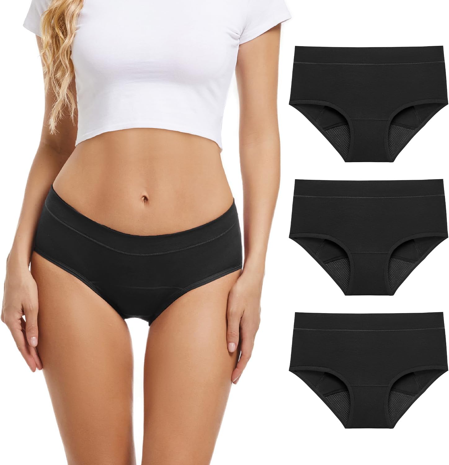 POKARLAPeriod Pants for Women Washable Incontinence Underwear Bladder Leak Proof Panties Ladies High Absorbency Protective Menstrual Knickers Cotton Briefs Black Small 3 Pack