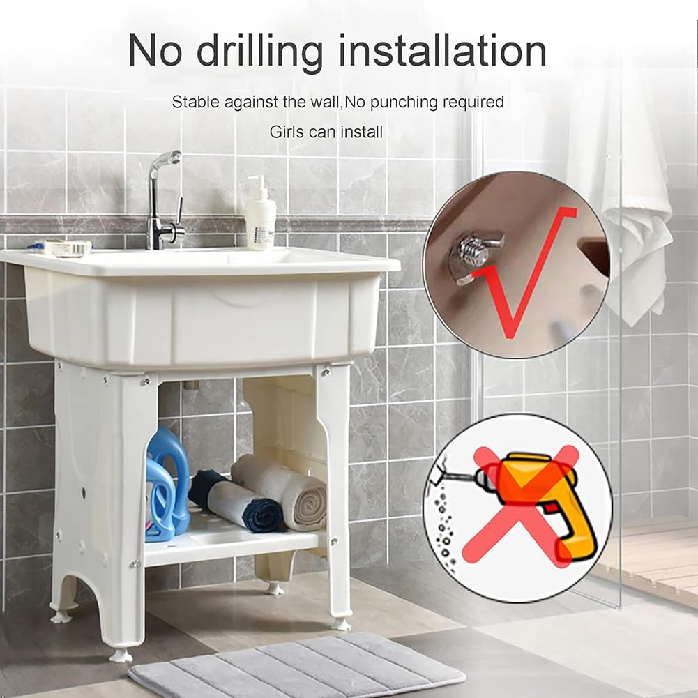 Fregadero De Plástico PP con Tabla De Lavandería, Fregadero Independiente Lavabo De Limpieza con Pies Ajustables, Capacidad De Carga 200 Kg para Cuarto De Lavado, Garaje