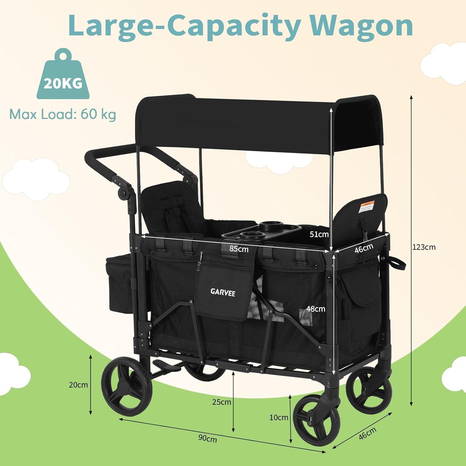 Garvee Chariot de Jardin Pliable Chariot Enfant 4 Roues, Chariot pour 2 Enfants avec Banquette Amovible, Pousser ou Tirer pour la Plage, Forêt, Chariot de Courses XXL