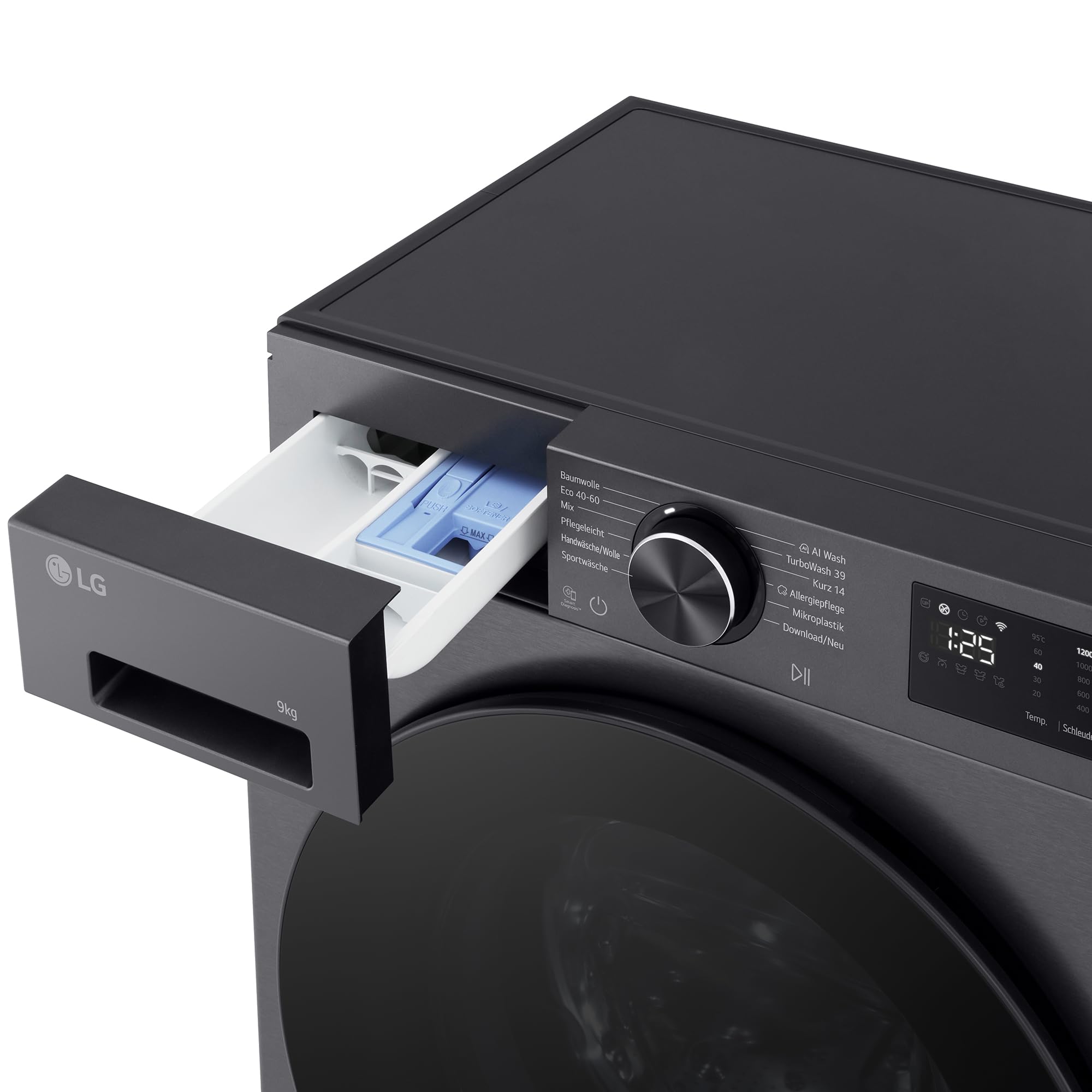 LG F2X7SLIM9B Waschmaschine, Frontlader, 9 kg, Dampffunktion, AI Wash, Inverter Direct Drive, Restzeitanzeige, Schwarz