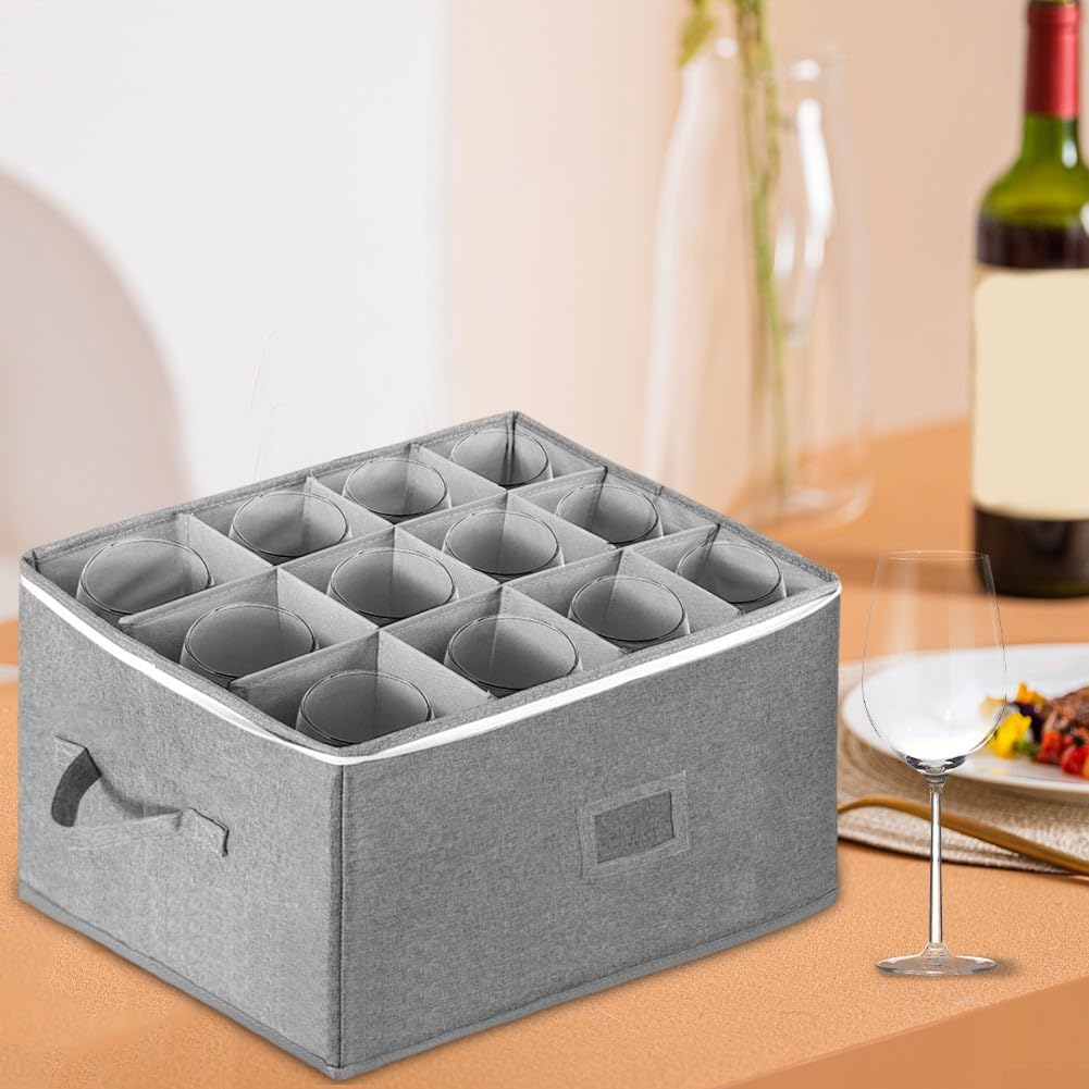 Wine Glass Storage Box Holds 12 Glasses with Stackable Hard Shell and Detachable Dividers for Flexible Glassware Arrangement
