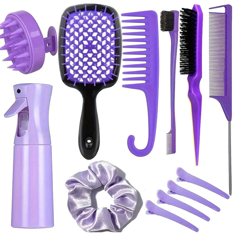 12 Pezzi Set Spazzole Districanti Set Spazzole Districanti per Capelli Ricci Pettine a Denti Larghi Pettine a Coda Flacone Spray e Fermagli per Capelli per la Cura dei Capelli Domestica (Viola)